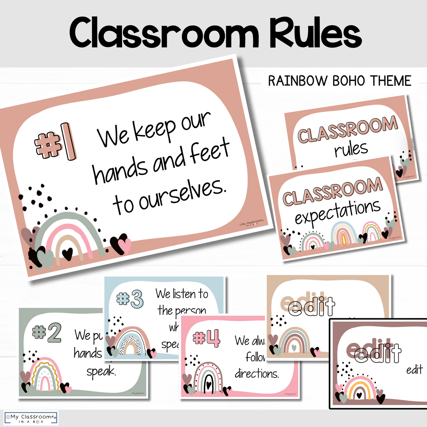 Classroom Rules Charts Rainbow Boho Theme