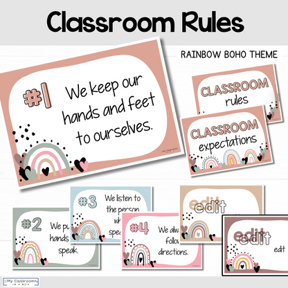 Classroom Rules Charts Rainbow Boho Theme