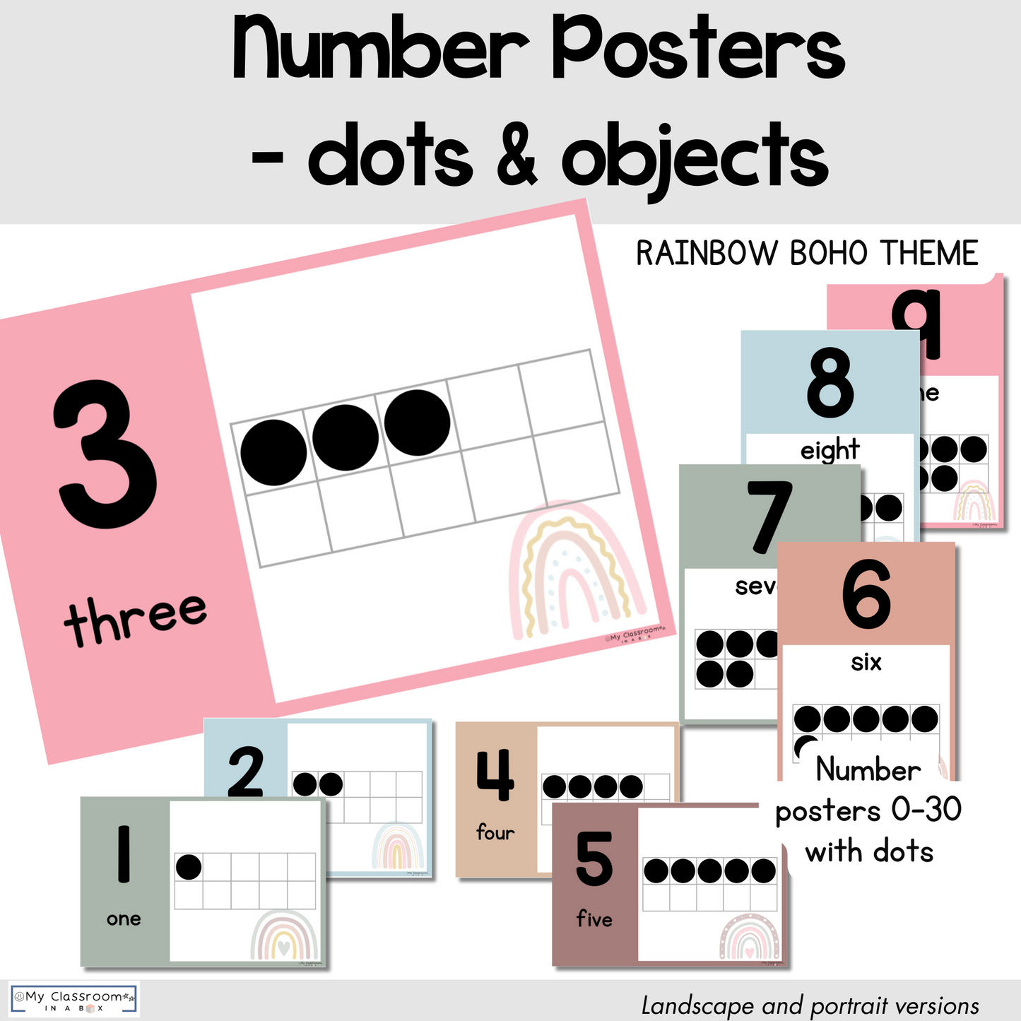 Number Posters for Classroom Rainbow Boho Theme