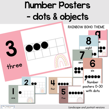 Number Posters for Classroom Rainbow Boho Theme