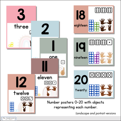 Number Posters for Classroom Rainbow Boho Theme